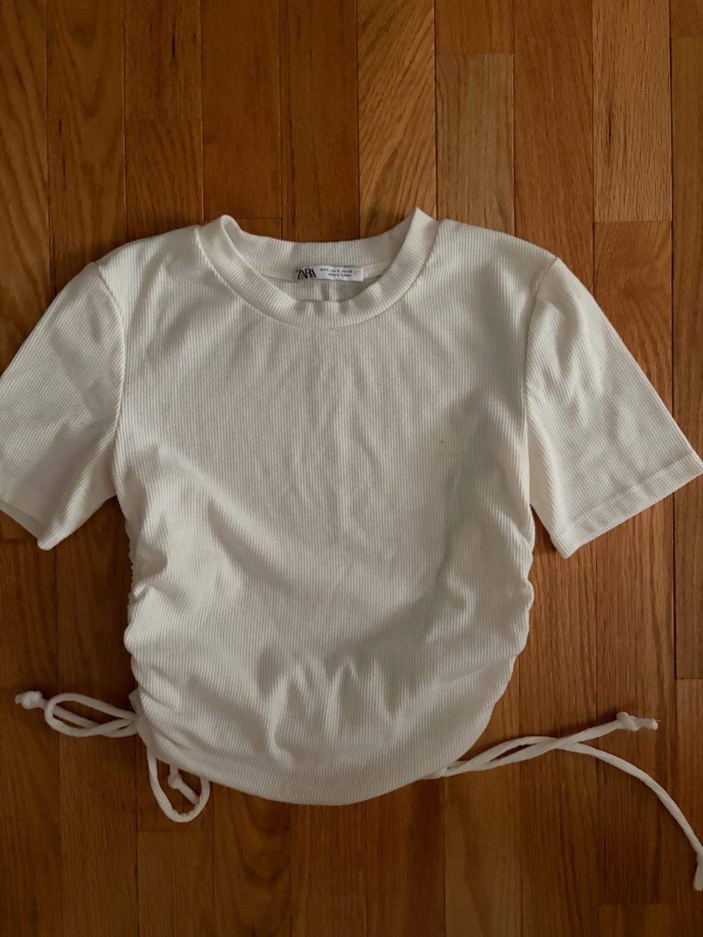Zara White Ribbed Short Sleeve Drawstring Tee